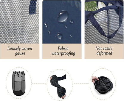 The upgraded pop-up laundry basket features a breathable side pocket mesh design, making it ideal for rooms, apartments, dormitories, travel, business trips, and children's storage (1, Dark blue)