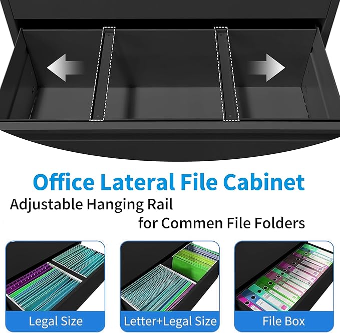 2 Drawer Lateral File Cabinet with Lock, Metal Lateral Filing Cabinet for Home Office, Steel Wide Horizontal Filing Cabinets for Letter/Legal/A4/F4 Hanging Files (Black)