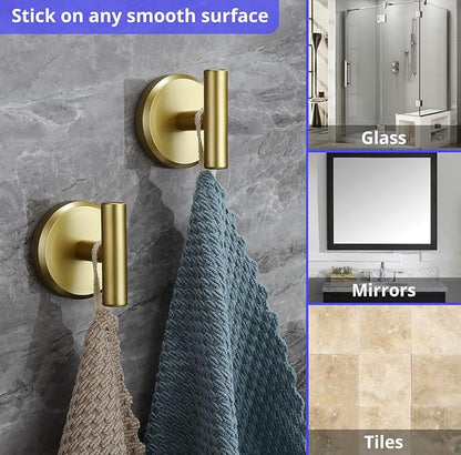 HOME SO Suction Cup Hooks for Shower & Bathroom Towel Holder 2-Pack – Suction Cups Hooks for Hanging Towels, Robes, & Coats - Tiles, Glass Door or Mirror – Shower Hooks & Towel Hooks - Gold T-Shape