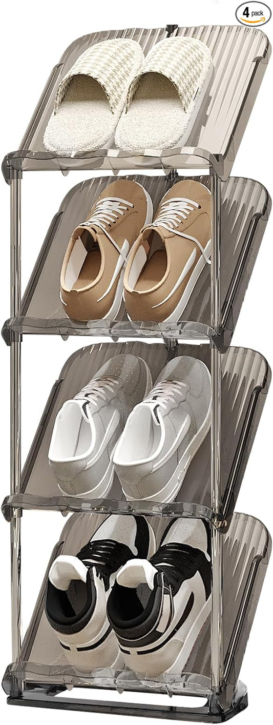 YYW Narrow Shoe Rack Vertical Shoes Rack for Entryway Corner Shoe Storage Organizer for Small Spaces Transparently Tall Slim Shoe Shelf for Front Door Entrance Living Room Grey 4 Layers