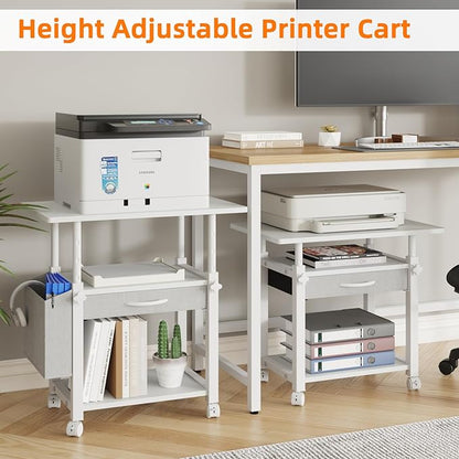 YAOHUOO Large 22"x15" Printer Stand, 3-Tier Height Adjustable with Storage Drawer & Side Bag, Rolling Cart for Heat Press/Laser/3D Printer (White)