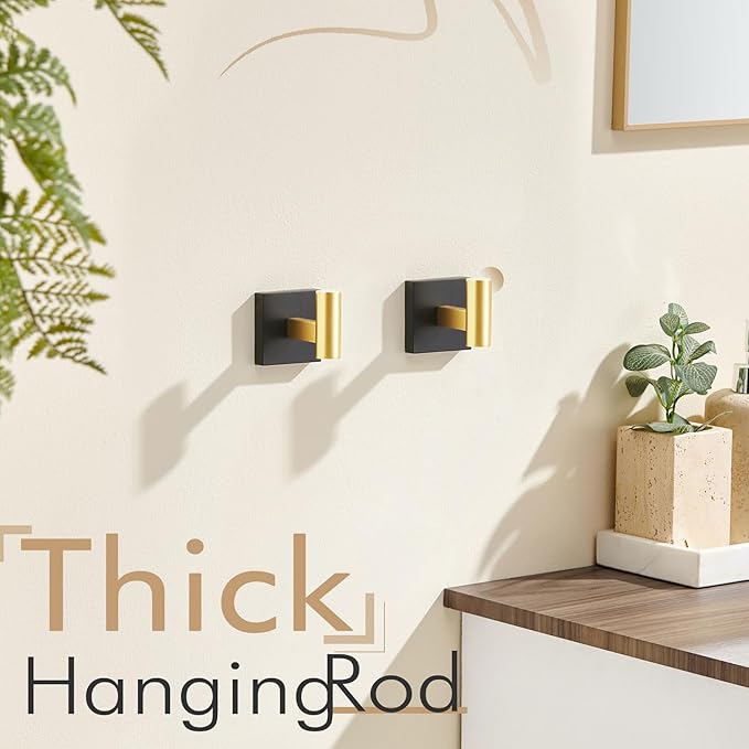 KOKOSIRI Robe Hooks for Bathrooms Towel Hook Wall Mounted Coat Hooks, Bathroom Hardware 2 Pack Black with Gold Stainless Steel B1013GDK-P2
