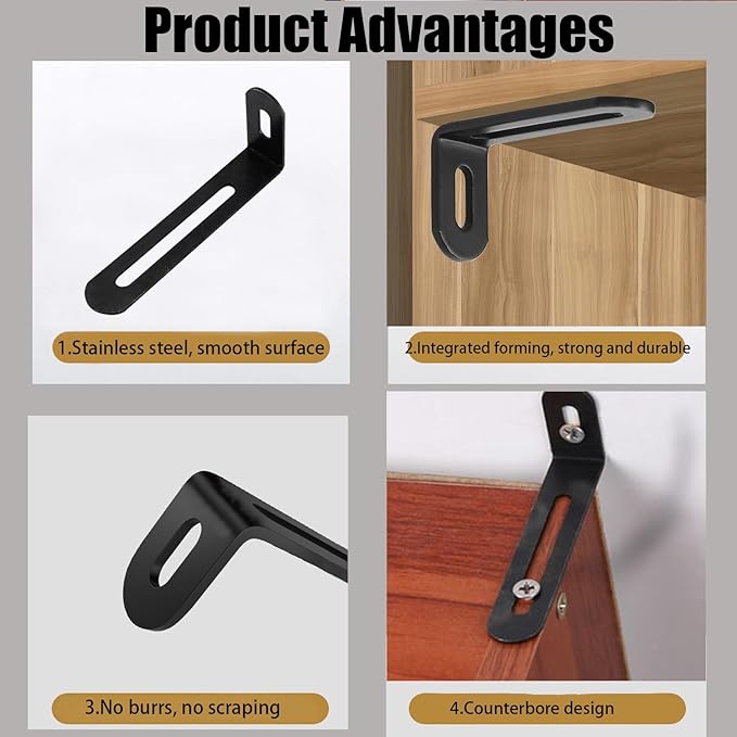 3"x1.2"x0.6"Adjustable Right Angle Brackets Metal L Bracket Heavy Duty 90 Degree Corner Fastener L-Shape Corner Brace Support Black Shelf Bracket , 10Pcs