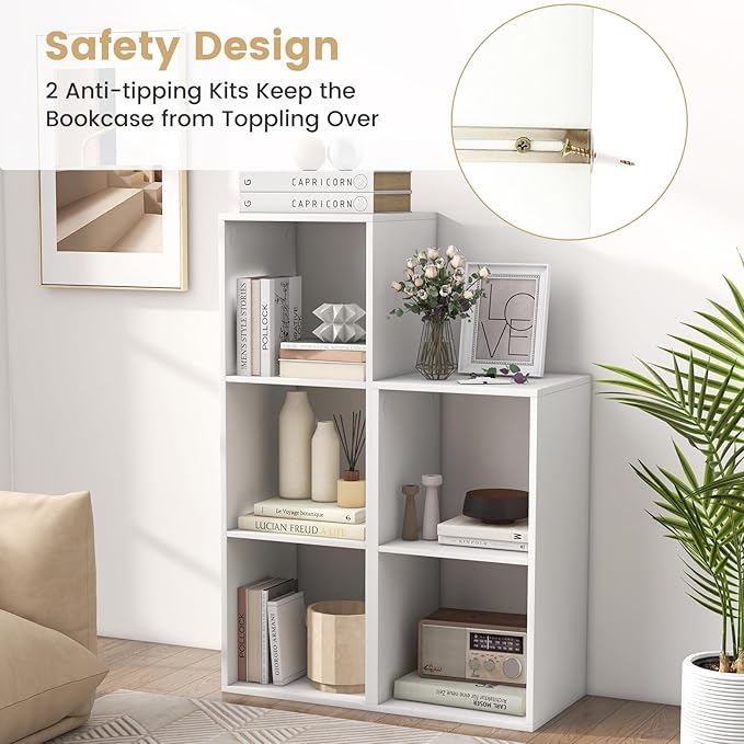 Giantex 3-Cube Bookcase, White Cubby Bookshelf w/Back Guardrail & Anti-Tipping Kits, 4-Tier Freestanding Storage Organizer with Shelves, Open Back Display Rack for Living Room, Bedroom, Study