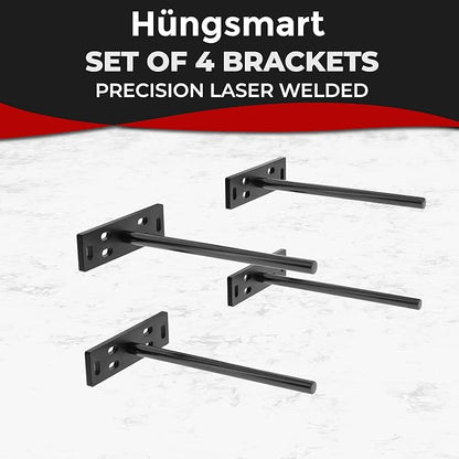 Set of 4 Floating Shelf Brackets Heavy Duty (1/4 inch Thick Baseplate) Painted Black Mild Steel/ Bracket for Hidden Wall Shelves Support Hardware Mount Kitchen/Nursery Decor (8 inch Rods)