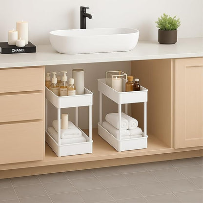 ShellKingdom 4 Tier Bathroom Storage Organizer, Slim Rolling Storage Cart for Narrow Space, Mobile Shelving Unit with Lockable Wheels and Hooks for Bathroom, Kitchen, Laundry Movable Shelf (White)
