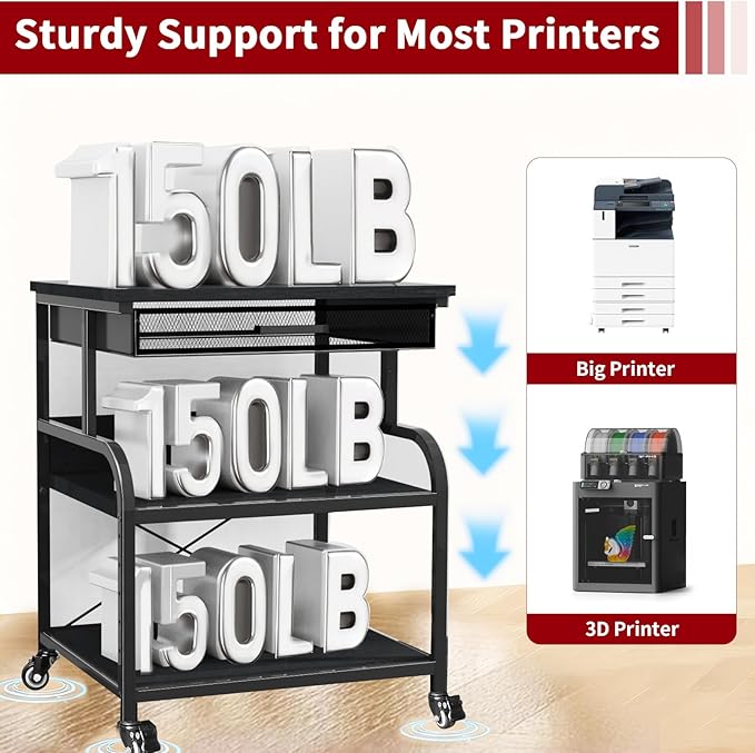 TFK 3-Tier Printer Stand with Drawer, Adjustable Shelf, Rolling Casters, 23.6 x 18.9 x 30 Inch Heavy Duty Printer Cart for Home Office, Large Printers, 3D Printers, Fax & Heat Press, Black