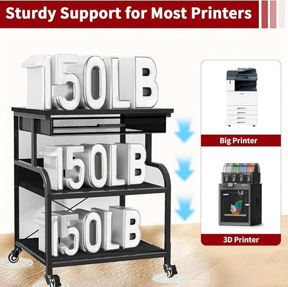TFK 3-Tier Printer Stand with Drawer, Adjustable Shelf, Rolling Casters, 23.6 x 18.9 x 30 Inch Heavy Duty Printer Cart for Home Office, Large Printers, 3D Printers, Fax & Heat Press, Black