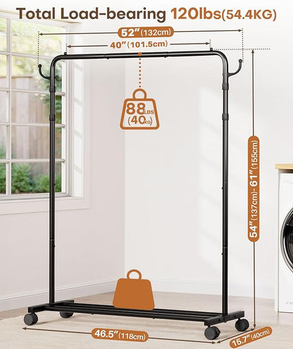 Homde Heavy Duty Clothes Rack: 120lb Standing Garment Storage for Indoor - Rolling Hanging Rod for Bedroom Laundry Room - Coat Dress Organizer on Wheels with luggage shelf (Black, 46.5")