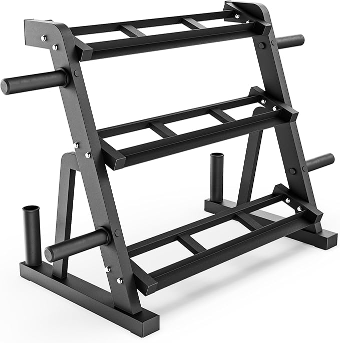 Synergee 3-Tier Dumbbell Storage Rack with 2 Barbell Holders and 4 Weight Plate Pegs, Featuring 2-Tier Dumbbell Storage and 3rd Tier for Kettlebell Storage – Accommodates 1" and 2" Plates – All-in-One
