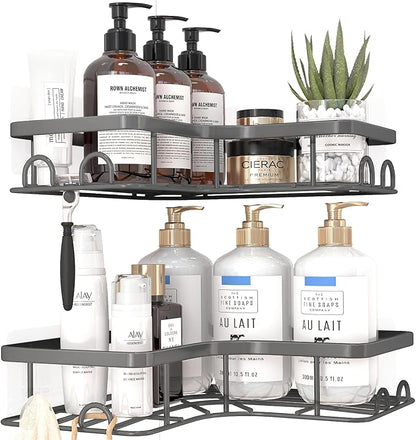 Corner Shower Caddy - 2 Pack, Adhesive Shower Organizers, Rustproof Stainless Steel Shower Shelves with 8 Hooks, No Drilling Bathroom Organizers and Storage Racks, Space-Saving, Grey, Medium