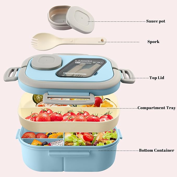 Adults Bento Lunch Box,Salad Container Large 43oz Salad Bowl, Bento-Style Tray for Toppings, 3oz Sauce Container for Dressings, and Built-In Reusable Fork (Blue)