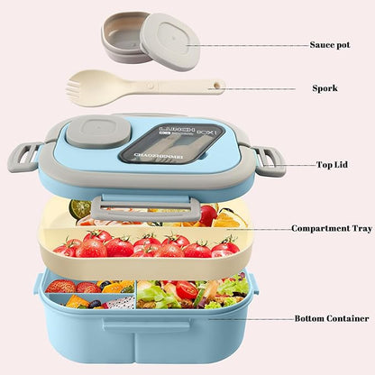 Adults Bento Lunch Box,Salad Container Large 43oz Salad Bowl, Bento-Style Tray for Toppings, 3oz Sauce Container for Dressings, and Built-In Reusable Fork (Blue)