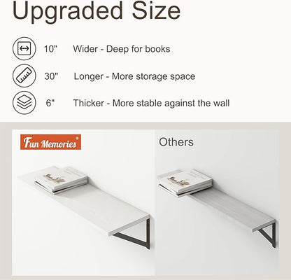 10 Inch Deep Floating Shelves, White Floating Shelves 30 Inch Long, Rustic Wood Wall Shelves 30"W x 10"D, Deep Floating Shelf with Bracket, Wide Storage Shelves for Books, Living Room, Bathroom