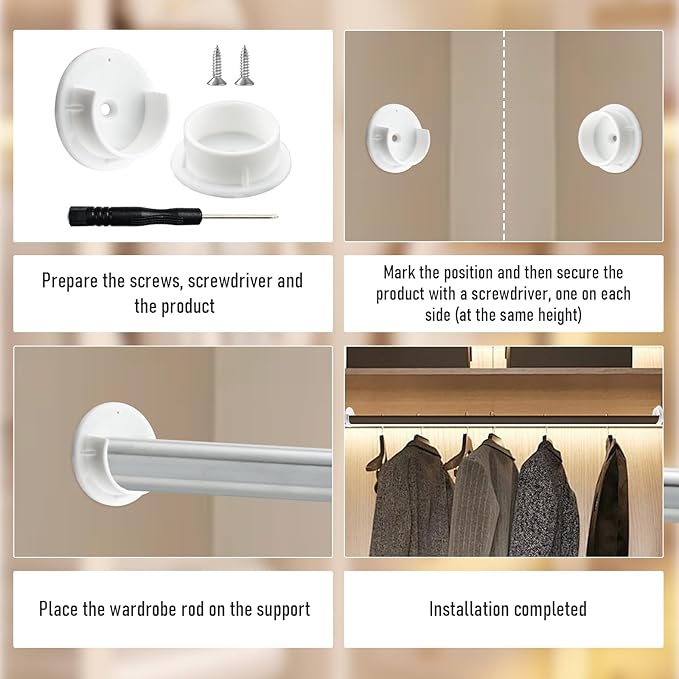 HOME MASTER HARDWARE Plastic Closet Pole Socket,1-3/8'' Closet Rod Holders,White U-Shaped Open Type Socket Bracket,Shower Curtain Rod Pole End Supports Sockets Flange,1 Set