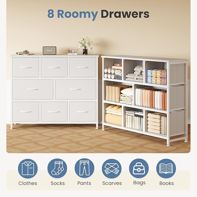 DUMOS TV Stand, Dresser with 8 Fabric Drawers, Spacious Storage Tower for Closet, TV Stand with Wood Top and Mental Frame, Storage Unit for Living Rooms, Bedroom and Entryway, White