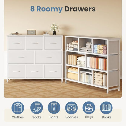 DUMOS TV Stand, Dresser with 8 Fabric Drawers, Spacious Storage Tower for Closet, TV Stand with Wood Top and Mental Frame, Storage Unit for Living Rooms, Bedroom and Entryway, White