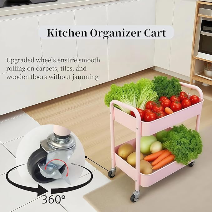 2 Tier Pink Rolling Cart with Wheels for Under Desk Storage, Large Capacity Rolling Pantry & Kitchen Storage Cart for Small Space, Sturdy Metal Bathroom Shelf Laundry Room Organization