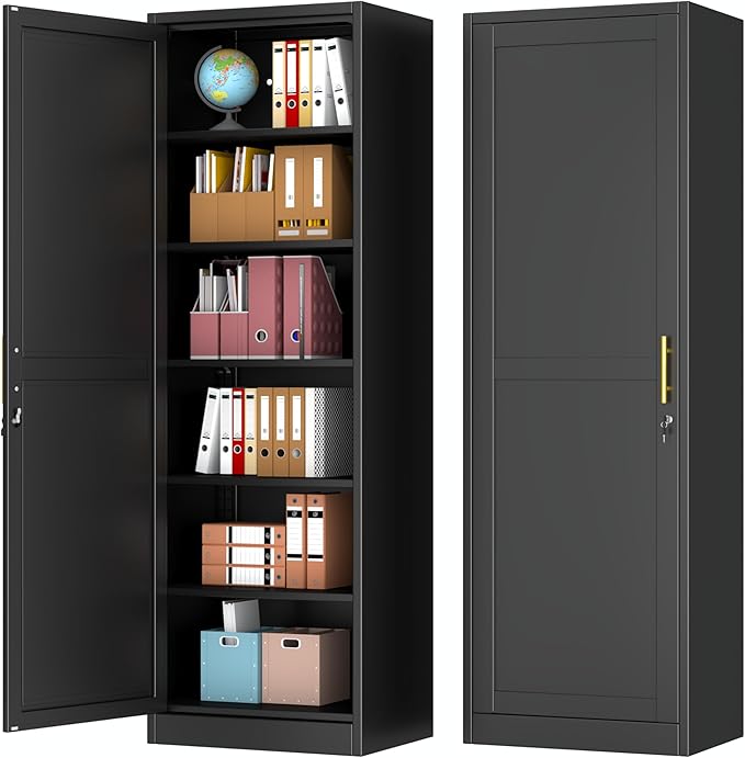 Metal Storage Cabinet with Lock and 5 Adjustable Shelves, Steel File Cabinets, Kitchen Pantry Cabinet Locker Organizer - 67" Tall Storage Cabinets for Kitchen,Bathroom,Bedroom,Office,Black