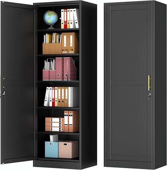 Metal Storage Cabinet with Lock and 5 Adjustable Shelves, Steel File Cabinets, Kitchen Pantry Cabinet Locker Organizer - 67" Tall Storage Cabinets for Kitchen,Bathroom,Bedroom,Office,Black