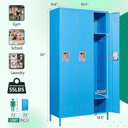 Letaya Metal Storage Lockers for Employees-3 Door Storage Locker with Shelves and Lockable Steel Cabinet for School,Gym,Office,Staff Industrial Storage(Blue, 3 Door)