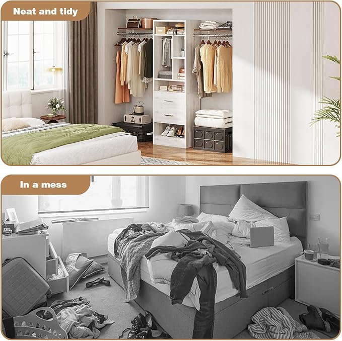 COTUBLR Closet System, 48" W - 105” W Closet Organizer with 24” Tower and 2 Extendable Hanging Rods, Walk-in Wardrobe Garment Rack with 2 Wooden Drawers and 6 Shelves, Fit up to 600 LBS (White Oak)