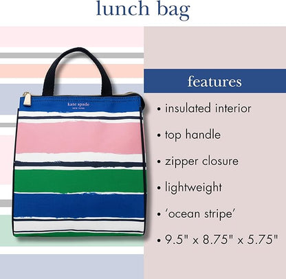 kate spade new york Cute Lunch Bag for Women, Large Capacity Lunch Tote, Adult Lunch Box with Silver Thermal Insulated Interior Lining and Storage Pocket, Ocean Stripe
