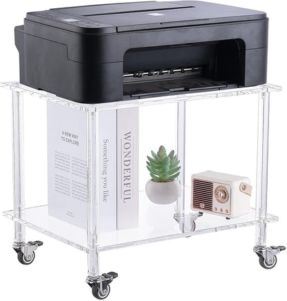 HMYHUM Acrylic Printer Stand - 2-Tier Under Desk Printer Table with Wheels - Multifunctional Rolling Cart for Office & Home, Clear