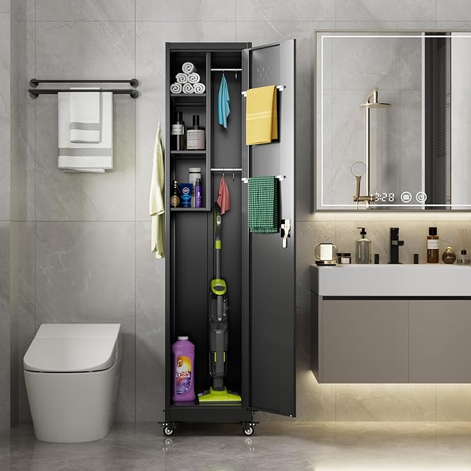 Broom Closet Storage Cabinet, 72" H Garage Storage Cabinet with Wheels, Lockable Door and Hooks for Garage Cleaning Supplies Broom Mops, Black, Assembly Required