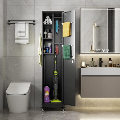 Broom Closet Storage Cabinet, 72" H Garage Storage Cabinet with Wheels, Lockable Door and Hooks for Garage Cleaning Supplies Broom Mops, Black, Assembly Required