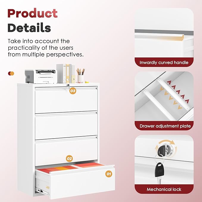 Bonusall File Cabinet, Lateral Filing Cabinet, 4 Drawer Metal File Cabinet with Lock, Lockable Filing Cabinet for Home Office, Hanging Files Letter/Legal/A4/F4 - White