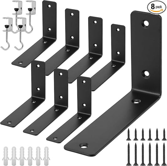 L Floating Shelf Brackets,8 Pack Heavy Duty L Brackets for Shelves, L 6" X H 4" Black Metal Countertop Support Brackets,Wall Mounting for Wood