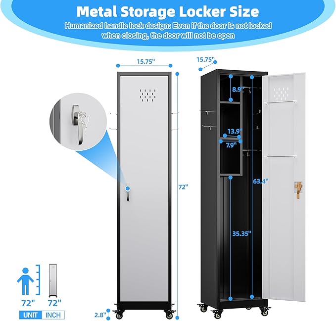 Broom Closet Storage Cabinet, 72" H Garage Storage Cabinet with Wheels, Lockable Door and Hooks for Garage Cleaning Supplies Broom Mops, Assembly Required,Black Gray