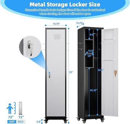 Broom Closet Storage Cabinet, 72" H Garage Storage Cabinet with Wheels, Lockable Door and Hooks for Garage Cleaning Supplies Broom Mops, Assembly Required,Black Gray