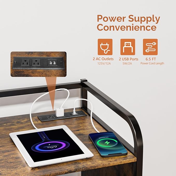VINGLI Multifunctional Printer Stand with Trolley, Paper Shredder Stand Rack with Wheels, Lateral Office Storage Cabinets with Socket and USB Charging Port, Open Shelves for Home Office (Rustic Brown)