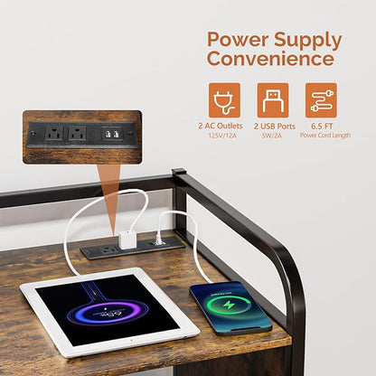 VINGLI Multifunctional Printer Stand with Trolley, Paper Shredder Stand Rack with Wheels, Lateral Office Storage Cabinets with Socket and USB Charging Port, Open Shelves for Home Office (Rustic Brown)