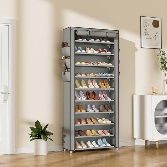 VTRIN Vertical Narrow Shoe Rack Organizer Tall Shoe Rack for Closet Entryway 10 Tier Non-Woven Cover Shoe Shelf Holds 36-41 Pairs Free Standing Shoe Storage Cabinet with Dustproof Cover, Grey