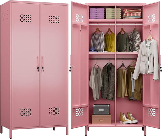 Aobab Metal Wardrobe Closet with 2 Doors, 19" Deep Metal Wardrobe Cabinet with 4 Adjustable Shelves and 2 Hannging Rods, Storage Locker for Home, Pink, Assembly Required