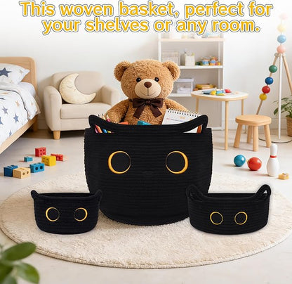 3Pack Black Cat Cute Storage Basket Set for Nursery- Small, Oval, Large Woven Gift Basket, Rope Cotton Bins with Lover Handles, Baby Laundry 0rganizer Shower Towel Blanket Clothes (9/12/15In)