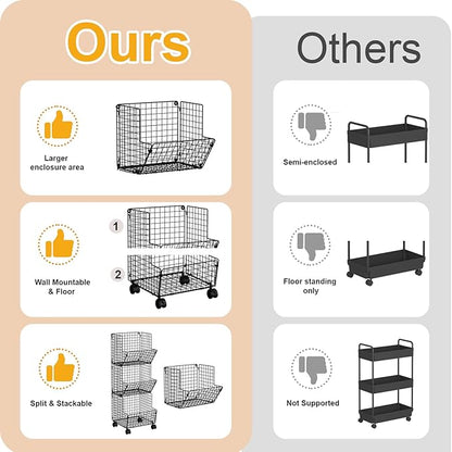 Sonyabecca Outdoor Toy Storage Basket, Play Kitchen Organizer with 5 S-Hooks,3 Tier Rolling Storage Cart Garage, Pantry Floor Snack Cart with Wheels,Toy Shelf Dog Storage Organizer Kids Bookshelf