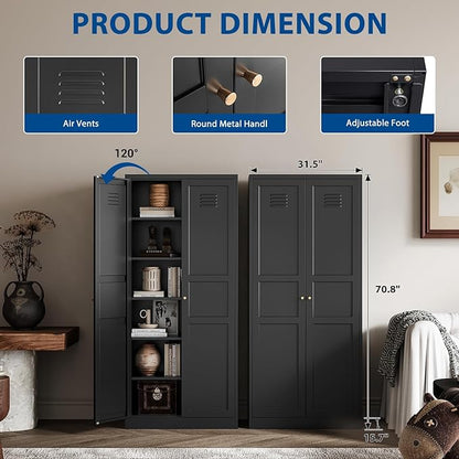 Metal Storage Cabinet-71” Tall Steel File Cabinets with Doors and 5 Adjustable Shelves-Black Steel Storage Cabinet for Home,Kitchen, School, Office, Garage