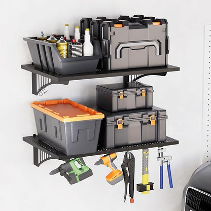 YOLENY 2-Pack 2x3FT Adjustable Garage Wall Shelving, 500lbs Load Capacity Heavy Duty Wall Mount Storage Shelf, Metal Floating Shelves Organizer for Workshop, Garage Storage Rack with Hooks