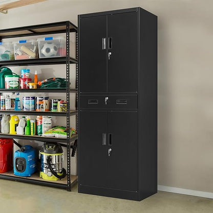 CJF Metal Storage Cabinet, 71" H Locking Storage Cabinet with Drawer and Adjustable Shelves, Steel Cabinets for Garage, Home Office, Kitchen (Black)