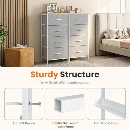 Sweetcrispy Nightstand Small Bedroom Dresser with 4 Fabric Drawers,Bed Side Furniture End Table,Wooden Top Cabinet Night Stand Dresser for Closet,Entryway,Dorm,Light Gray