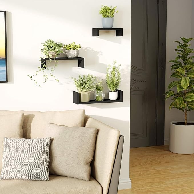 SRIWATANA Floating Shelves Wall Mounted, Solid Wood Wall Shelves, Black