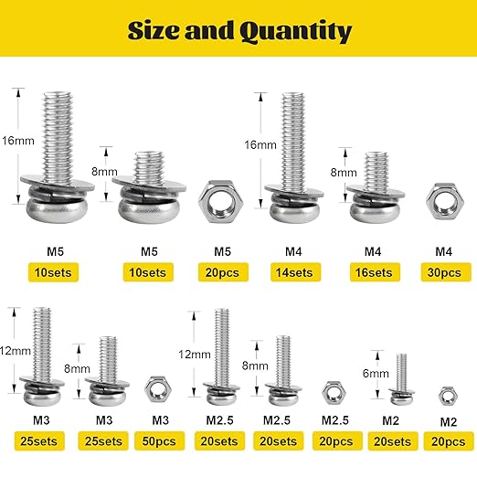640PCS Machine Screws Assortment Kit, M2 M2.5 M3 M4 M5 Phillips Pan Head Bolts and Nuts Assorted Set, 304 Stainless Steel Metric Combination Screw with Fixed Washers (All-in-One Design)