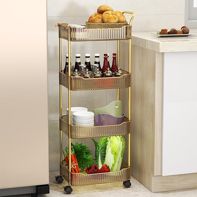 4-Tier Acrylic Rolling Storage Cart, Rolling Utility Cart, Kitchen Storage Cart with Wheels for Bathroom,Living Room, Kithcen, Office Storage and Organization (14''X10''X37'')(Amber)