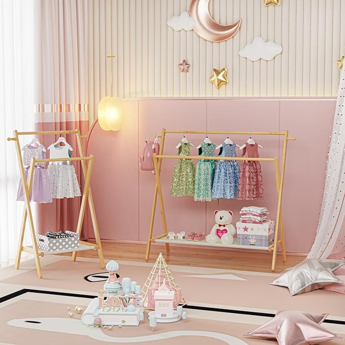 Kids Clothing Rack With Storage Shelf & Double Rods, Foldable Dress Up Clothes Rack for Toddler Nursery, Child's Room, 100% Natural Bamboo (Large Size)