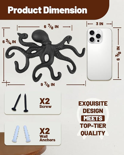 Wall Hooks for Hanging - Cast Iron Vintage Wall Decor Coat Rack - Vintage Rustic Design Hat Hooks for Kitchen, Entryway - Handmade Heavy Duty Key Hook (Octopus)