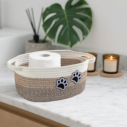 Small Woven Cotton Rope Nursery Organizer Bins, Dog Toy Basket Bins with Handle, Cute Empty Baby Gift Storage Baskets with Paw